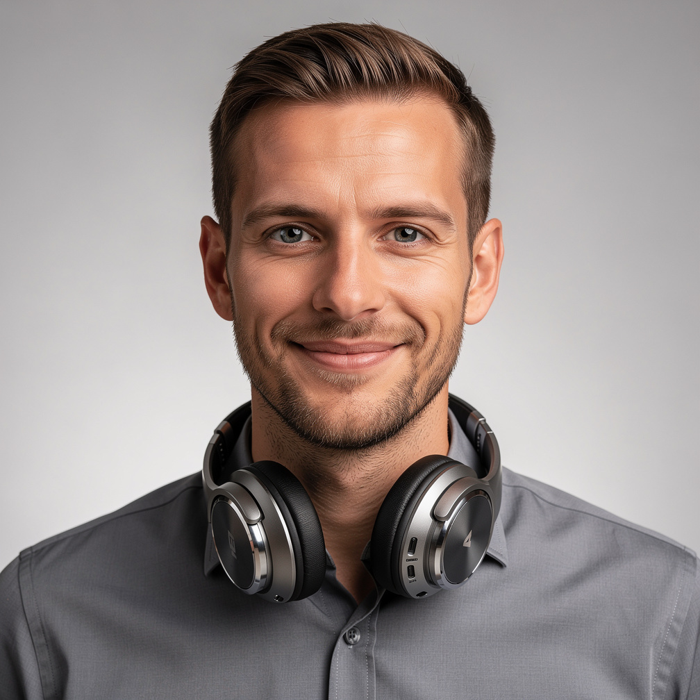 Portrait of a Belgian male podcast host with headphones